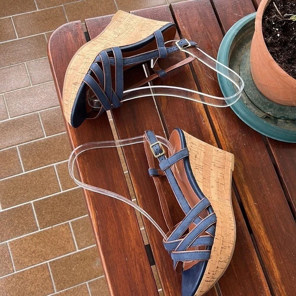 Lauren Ralph Lauren QUAYLIN Navy Blue Peep Toe Cork Wedge Heel Shoes 7 - Picture 5 of 10